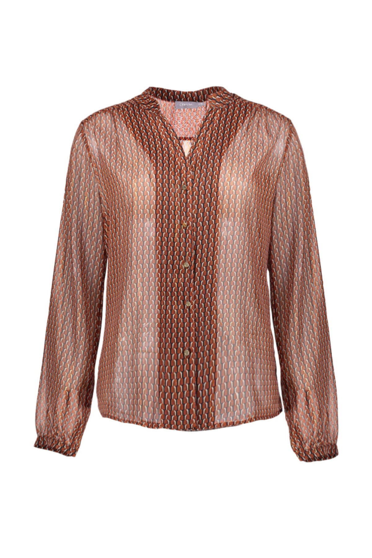 Perla Blanca Metal Düğme Aksesuarlı Kiremit Tonlar Transparan Lureksli Gömlek Bluz