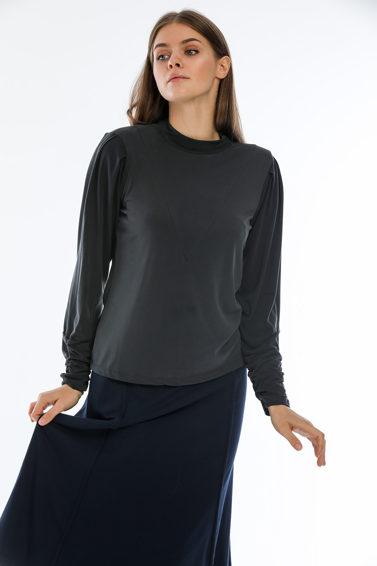 Perla Blanca Omuz Vatkalı Kollar Büzgülü Lacivert Modal Bluz