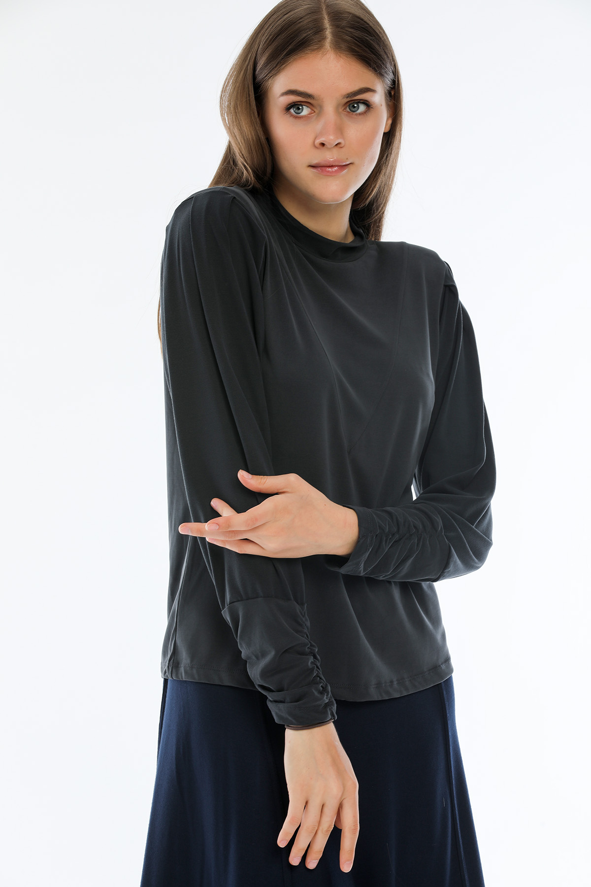 Perla Blanca Omuz Vatkalı Kollar Büzgülü Lacivert Modal Bluz